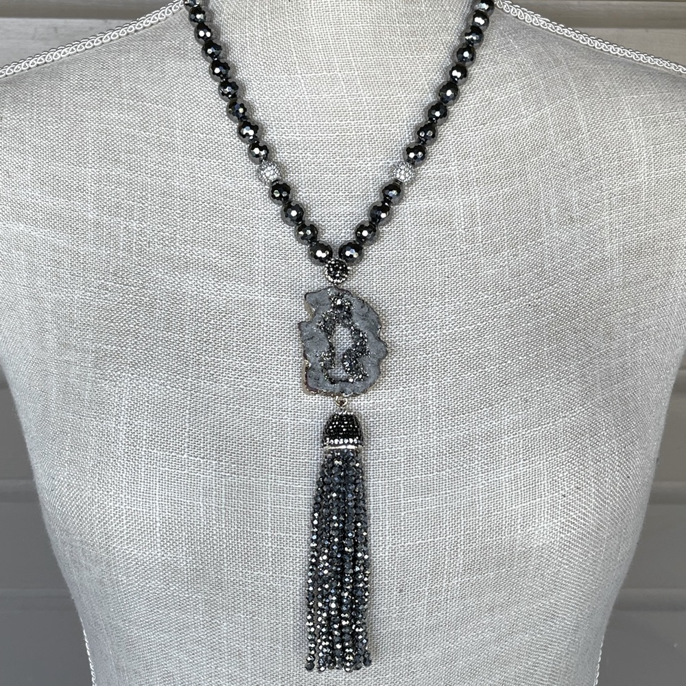 Black/Charcoal/Silver Beaded Necklace w/Distinctive Pendant & Sparkly Tassel